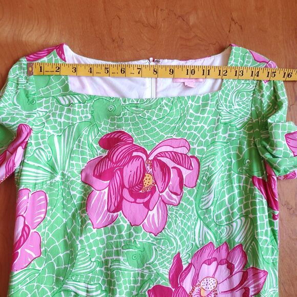Lilly Pulitzer Dress Size 2 Green Pink Koi Fish Lotus Blossom Flower Shift - Picture 7 of 11